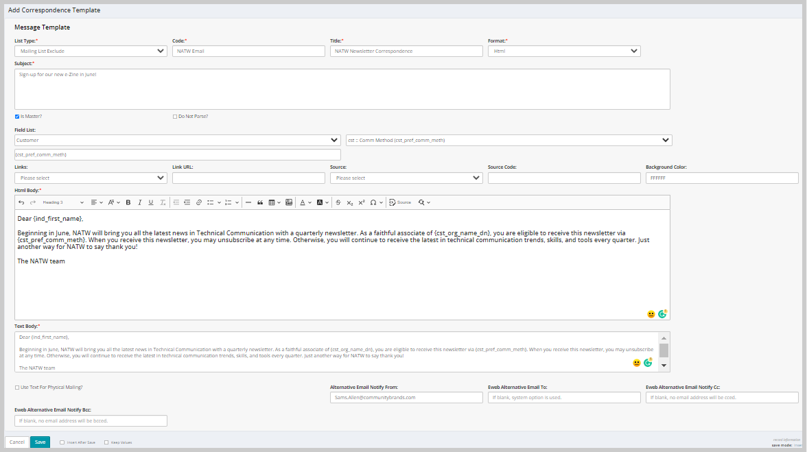 Correspondence Template NetForum Support