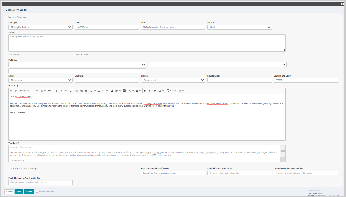 Correspondence Template NetForum Support