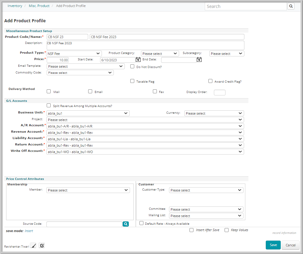 Adding an NSF Fee Miscellaneous Product NetForum Support