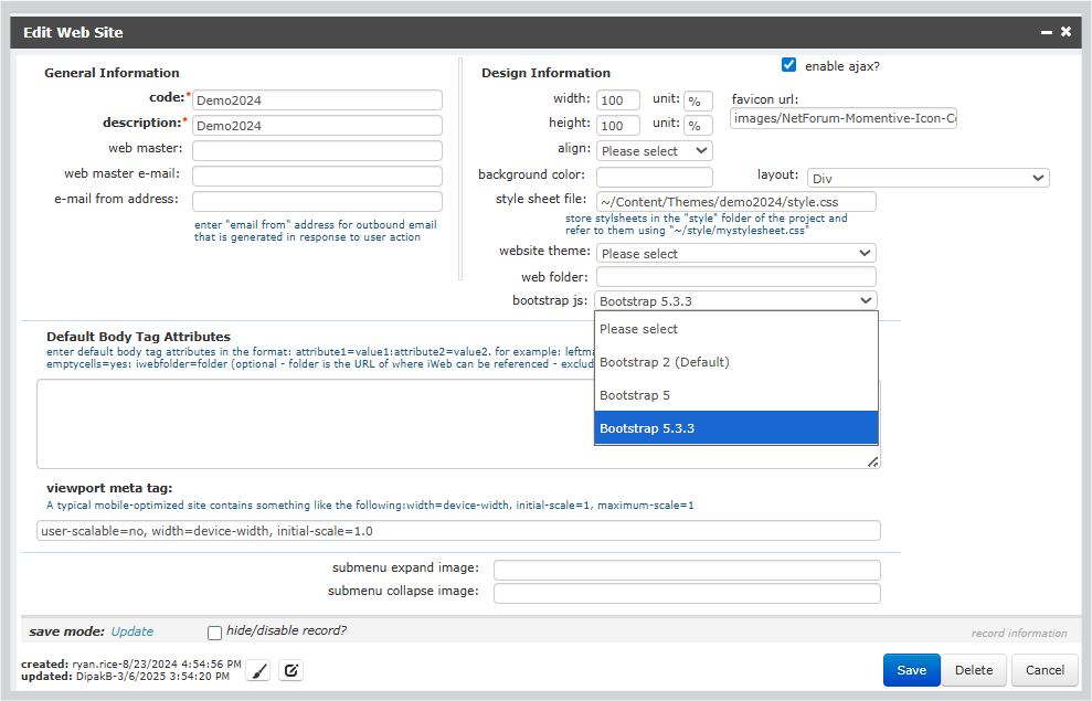 Edit Web Site form Bootstrap options.png